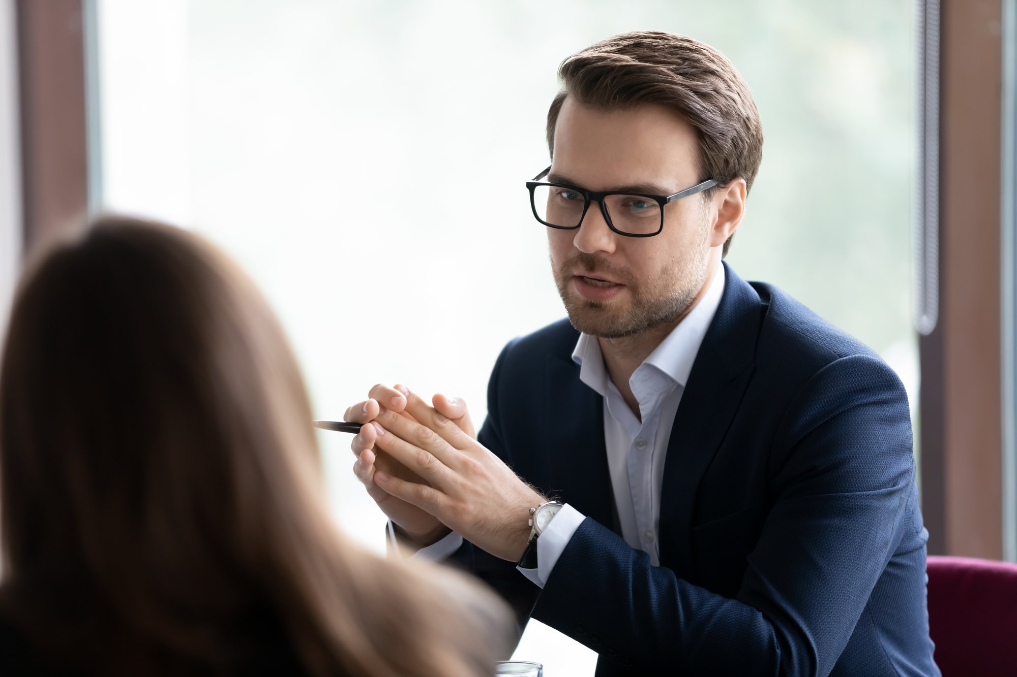 Legal professional meeting with a client to discuss a medical defense matter. Legal professional meeting with a client to discuss a medical defense matter.